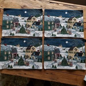 Holiday Winter Scene Tapestry Set Four Placemats and Table Runner